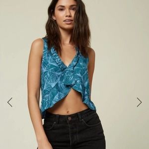 NWT O’Neill Leima Cropped Flowing Ruffled V- Neck Woven Tank Top in Hydro